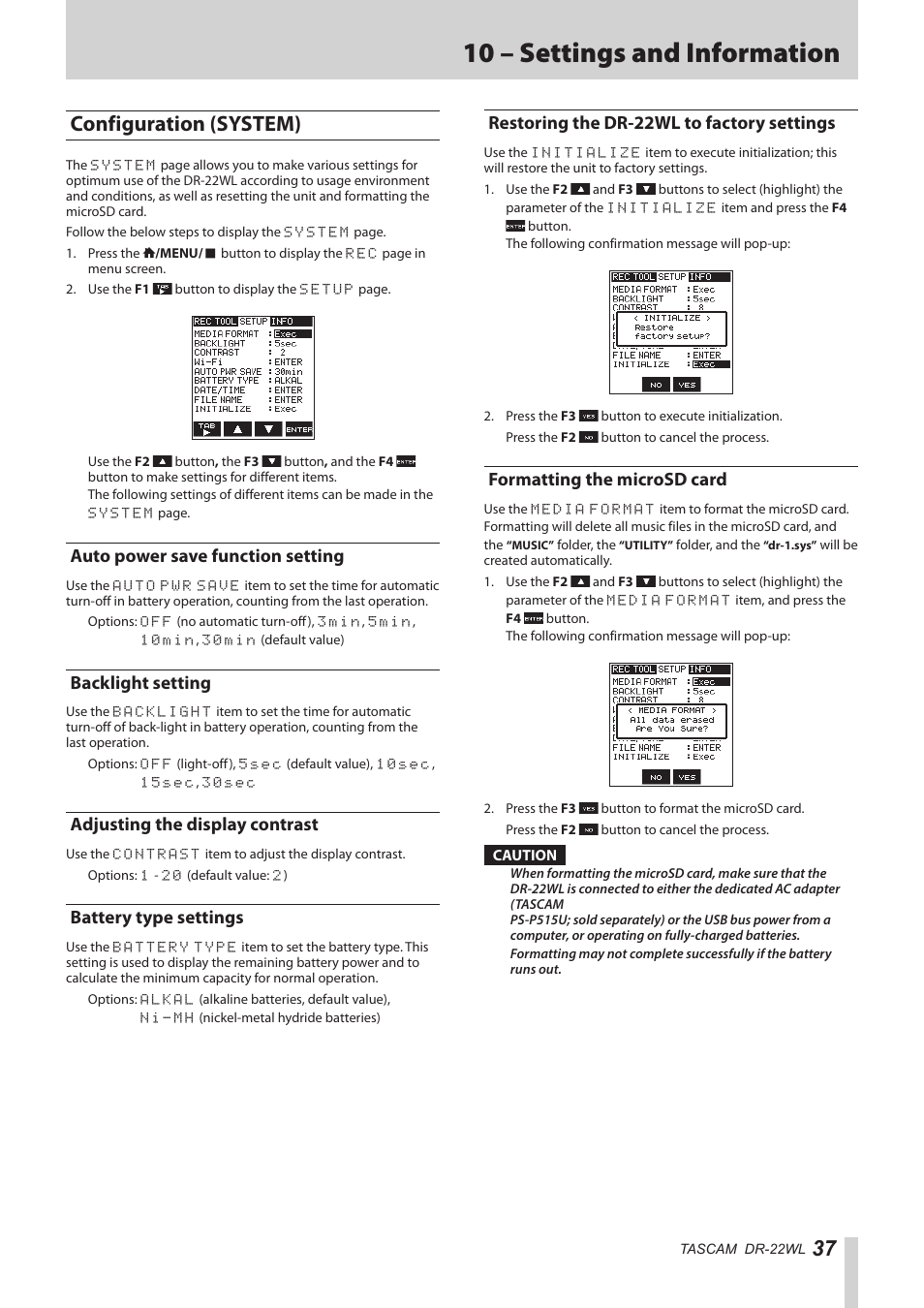 Configuration (system), Auto power save function setting, Backlight setting | Adjusting the display contrast, Battery type settings, Restoring the dr-22wl to factory settings, Formatting the microsd card, 10 – settings and information | Teac DR-22WL Reference Manual User Manual | Page 37 / 44