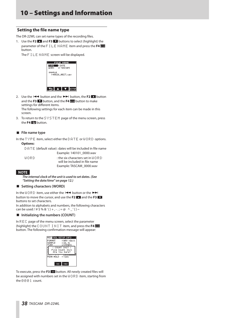 Setting the file name type, 10 – settings and information | Teac DR-22WL Reference Manual User Manual | Page 38 / 44