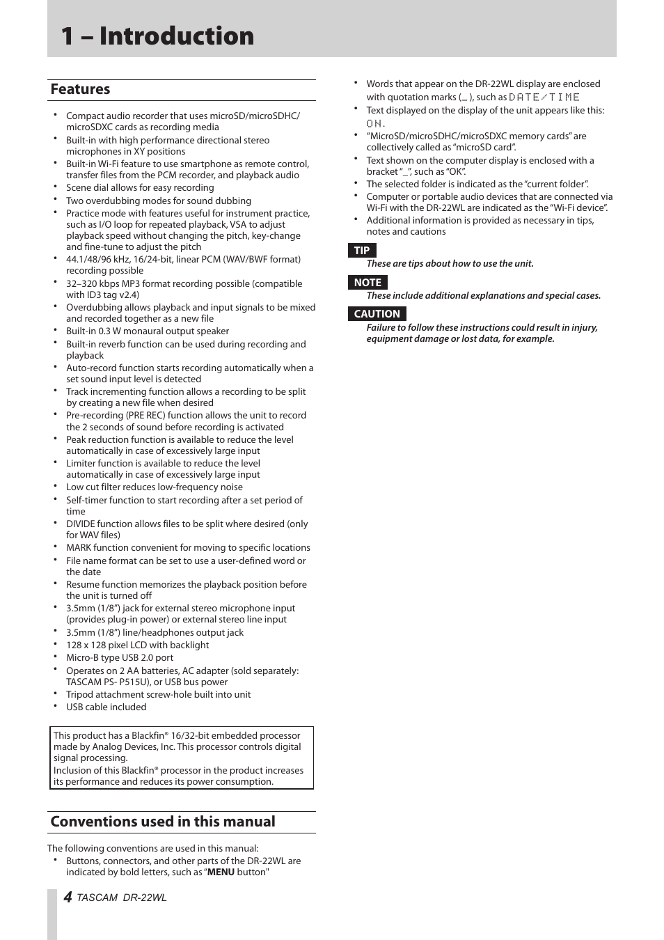 1 – introduction, Features, Conventions used in this manual | Features conventions used in this manual | Teac DR-22WL Reference Manual User Manual | Page 4 / 44