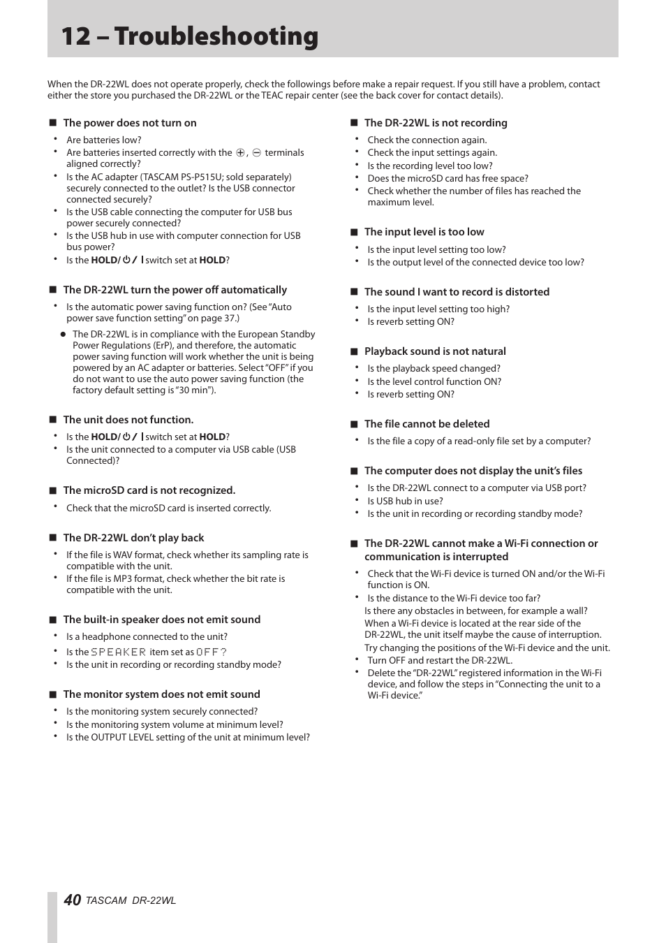 12 – troubleshooting | Teac DR-22WL Reference Manual User Manual | Page 40 / 44