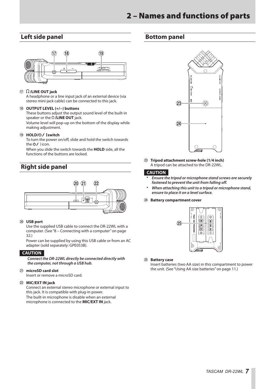 Left side panel, Right side panel, Bottom panel | Left side panel right side panel bottom panel, 2 – names and functions of parts | Teac DR-22WL Reference Manual User Manual | Page 7 / 44