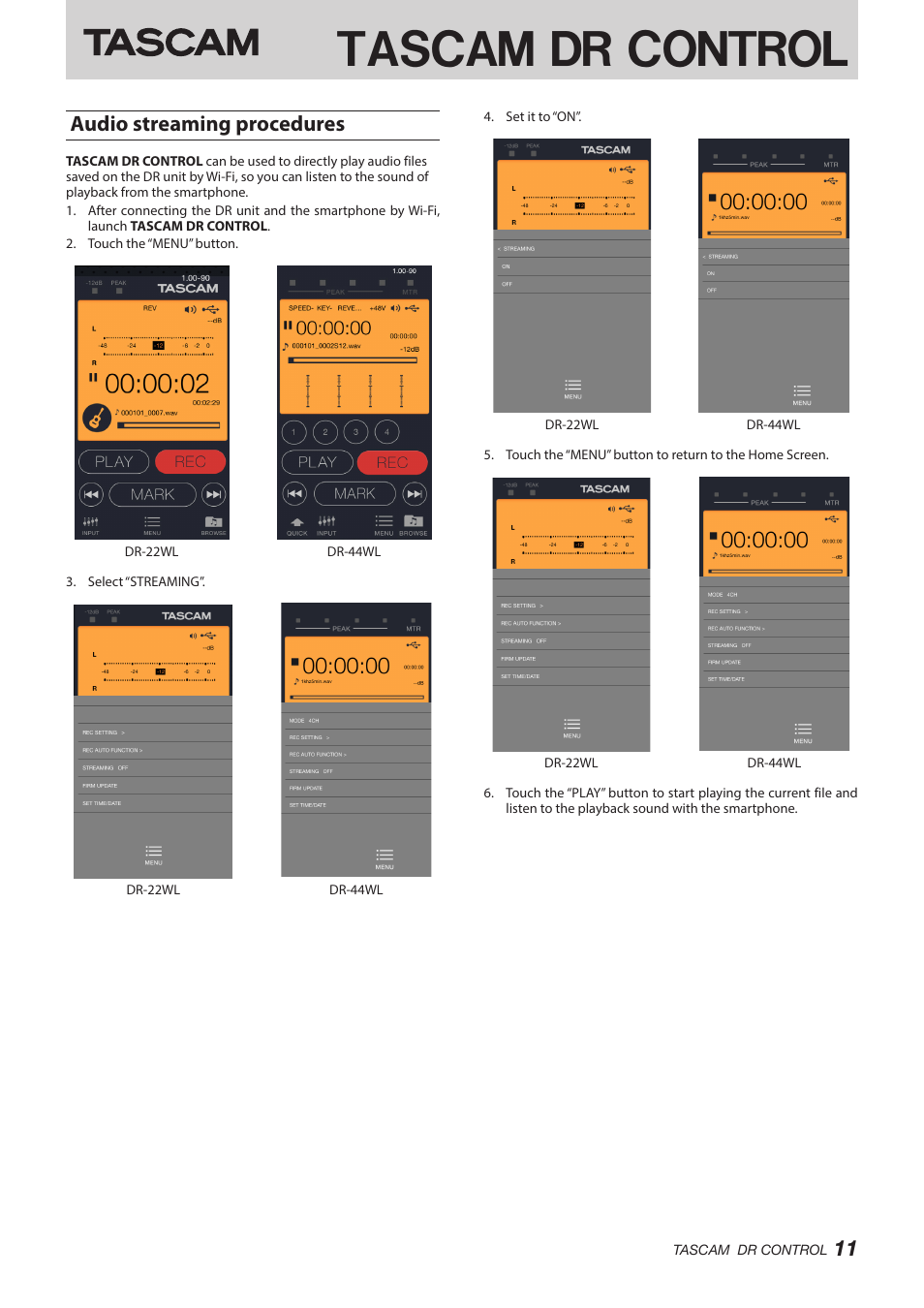 Audio streaming procedures, Tascam dr control | Teac DR Control User Manual | Page 11 / 12