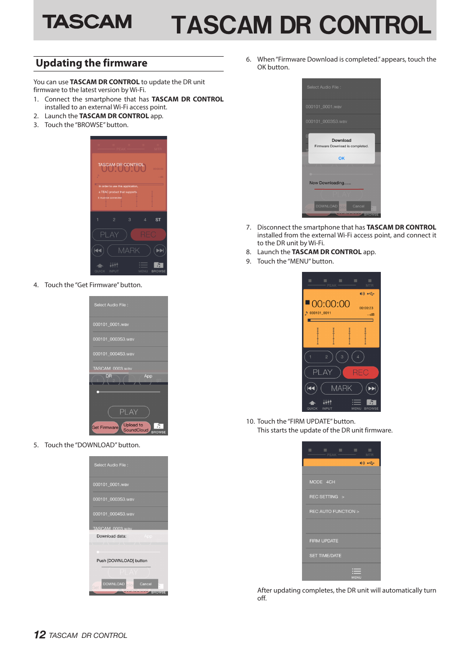 Updating the firmware, Tascam dr control | Teac DR Control User Manual | Page 12 / 12