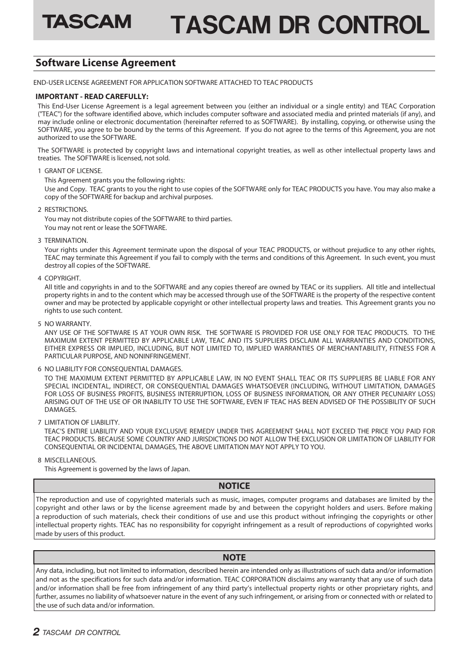 Software license agreement, Tascam dr control, Notice | Teac DR Control User Manual | Page 2 / 12