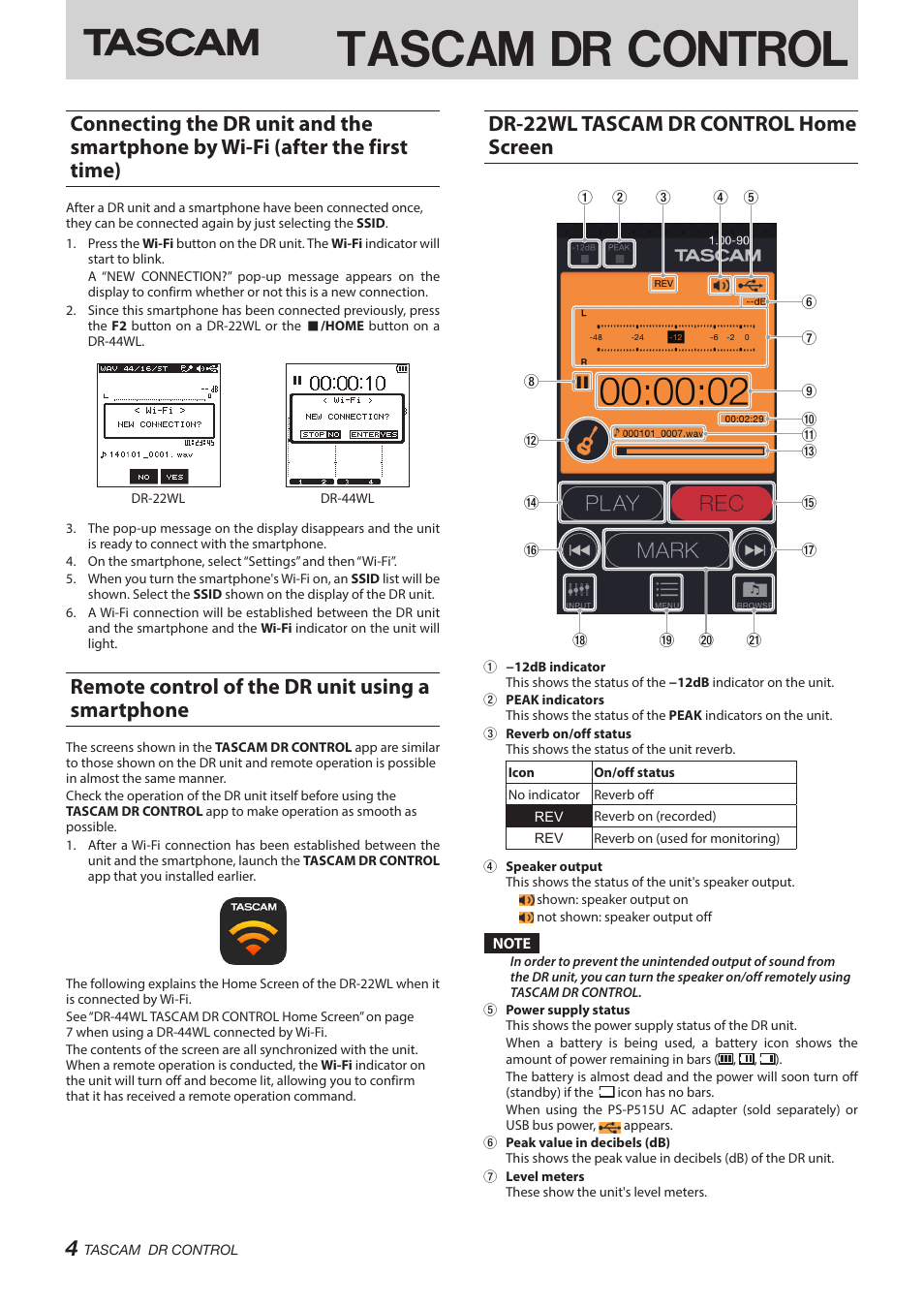 Remote control of the dr unit using a smartphone, Dr-22wl tascam dr control home screen, Tascam dr control | Teac DR Control User Manual | Page 4 / 12