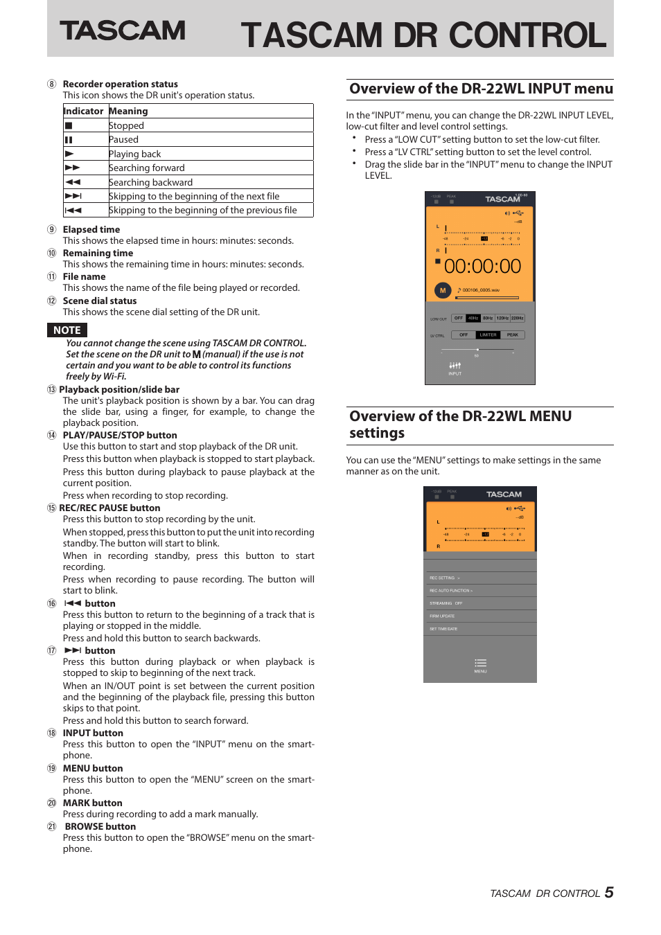 Overview of the dr-22wl input menu, Overview of the dr-22wl menu settings, Tascam dr control | Teac DR Control User Manual | Page 5 / 12