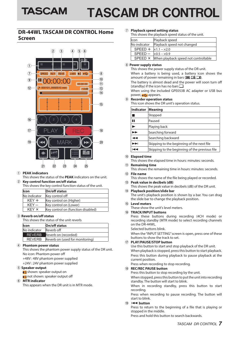 Dr-44wl tascam dr control home screen, Tascam dr control | Teac DR Control User Manual | Page 7 / 12