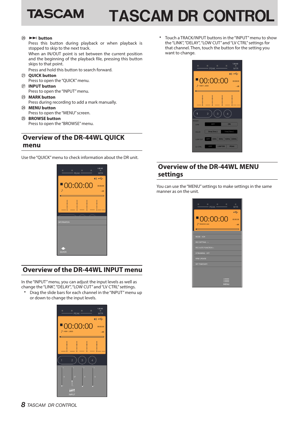 Overview of the dr-44wl quick menu, Overview of the dr-44wl input menu, Overview of the dr-44wl menu settings | Tascam dr control | Teac DR Control User Manual | Page 8 / 12