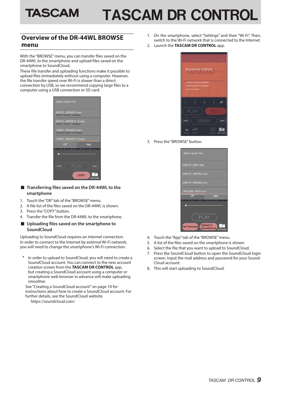 Overview of the dr-44wl browse menu, Tascam dr control | Teac DR Control User Manual | Page 9 / 12