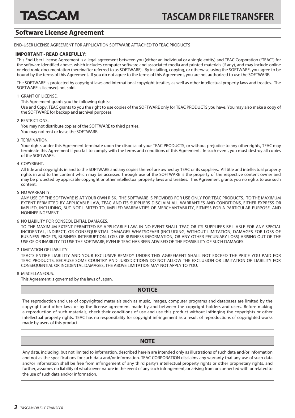 Software license agreement, Tascam dr file transfer | Teac DR File Transfer User Manual | Page 2 / 8