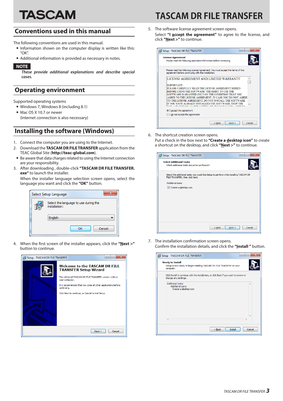 Conventions used in this manual, Operating environment, Installing the software (windows) | Tascam dr file transfer | Teac DR File Transfer User Manual | Page 3 / 8