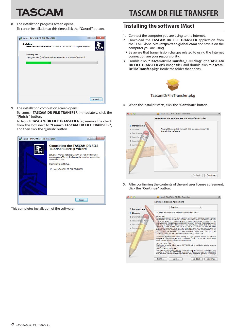 Installing the software (mac), Tascam dr file transfer | Teac DR File Transfer User Manual | Page 4 / 8