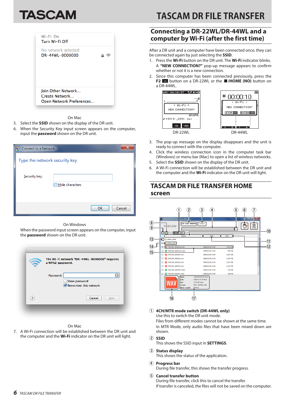 Tascam dr file transfer home screen, Tascam dr file transfer | Teac DR File Transfer User Manual | Page 6 / 8