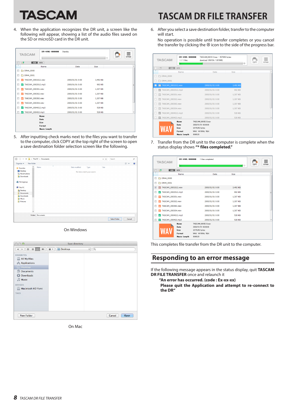 Responding to an error message, Tascam dr file transfer | Teac DR File Transfer User Manual | Page 8 / 8