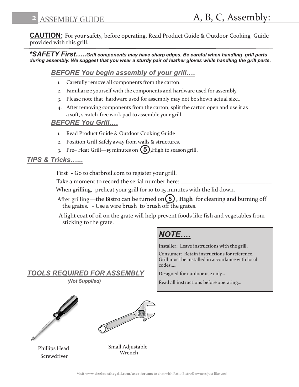 A, b, c, assembly, Assembly guide | Char-Broil PATIO BISTRO 11601559 User Manual | Page 2 / 8