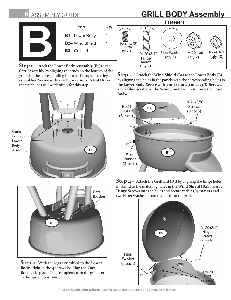 Grill body assembly, Assembly guide, Step 1 | Step 4, Step 3, Step 2 | Char-Broil PATIO BISTRO 11601559 User Manual | Page 6 / 8