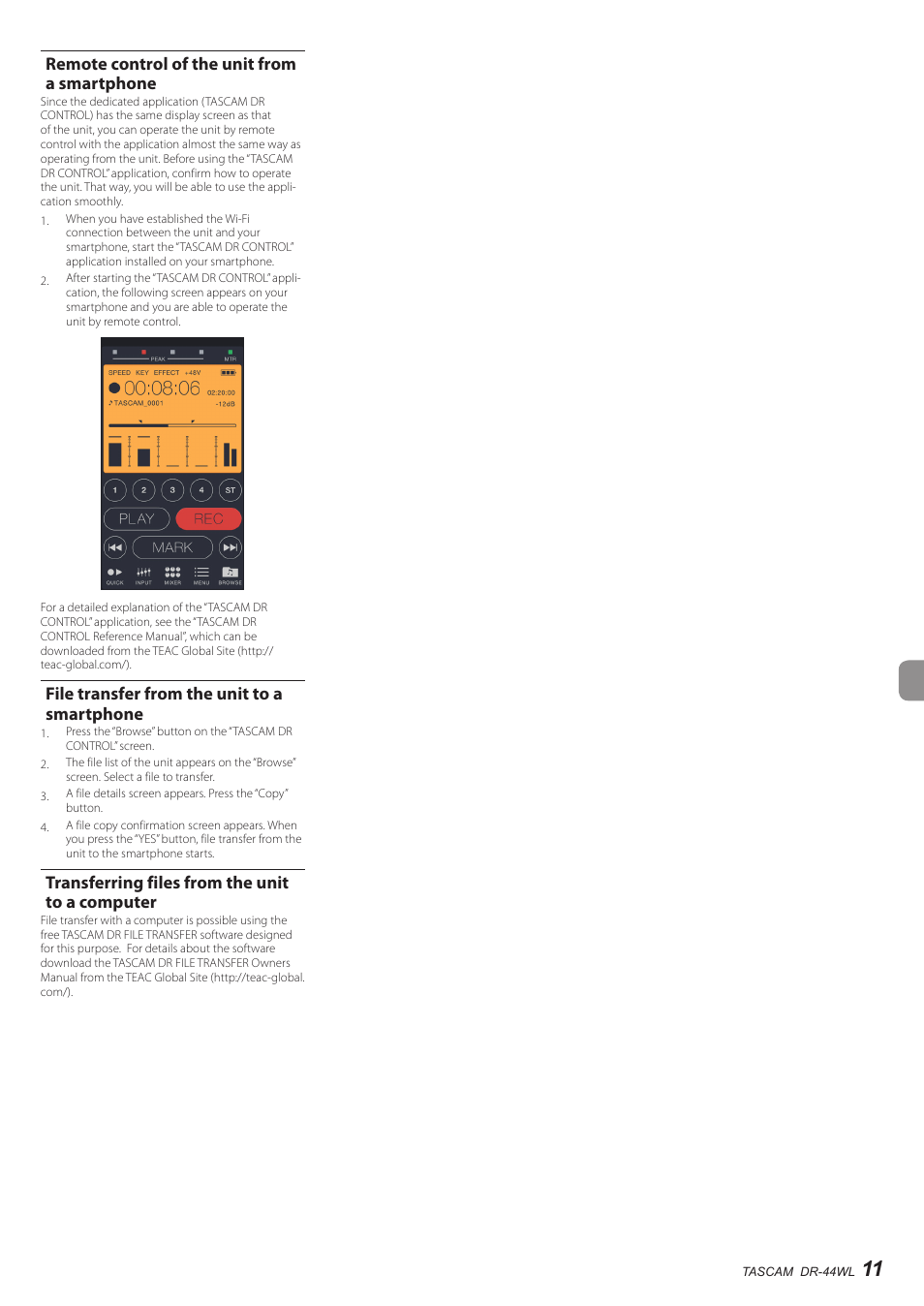 Remote control of the unit from a smartphone, File transfer from the unit to a smartphone, Transferring files from the unit to a computer | Remote control of the unit from a smartphone 11 | Teac DR-44WL User Manual | Page 11 / 76