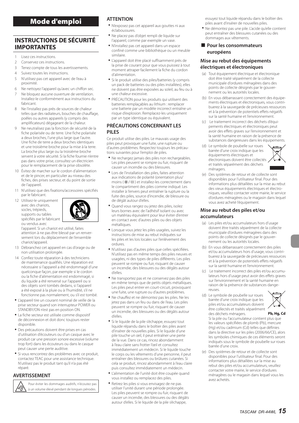 Français, Mode d'emploi, Instructions de sécurité importantes | Teac DR-44WL User Manual | Page 15 / 76