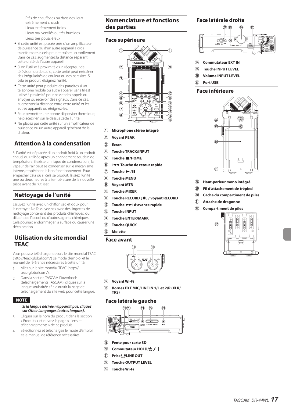 Attention à la condensation, Nettoyage de l’unité, Utilisation du site mondial teac | Nomenclature et fonctions des parties, Face supérieure, Face avant, Face latérale gauche, Face latérale droite, Face inférieure | Teac DR-44WL User Manual | Page 17 / 76