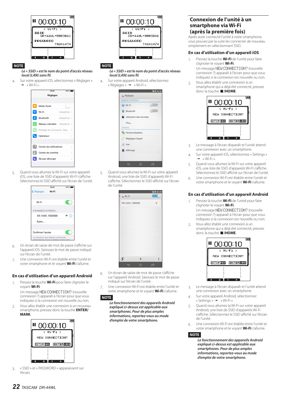 Connexion de l’unité à un smartphone via wi-fi, Après la première fois) | Teac DR-44WL User Manual | Page 22 / 76