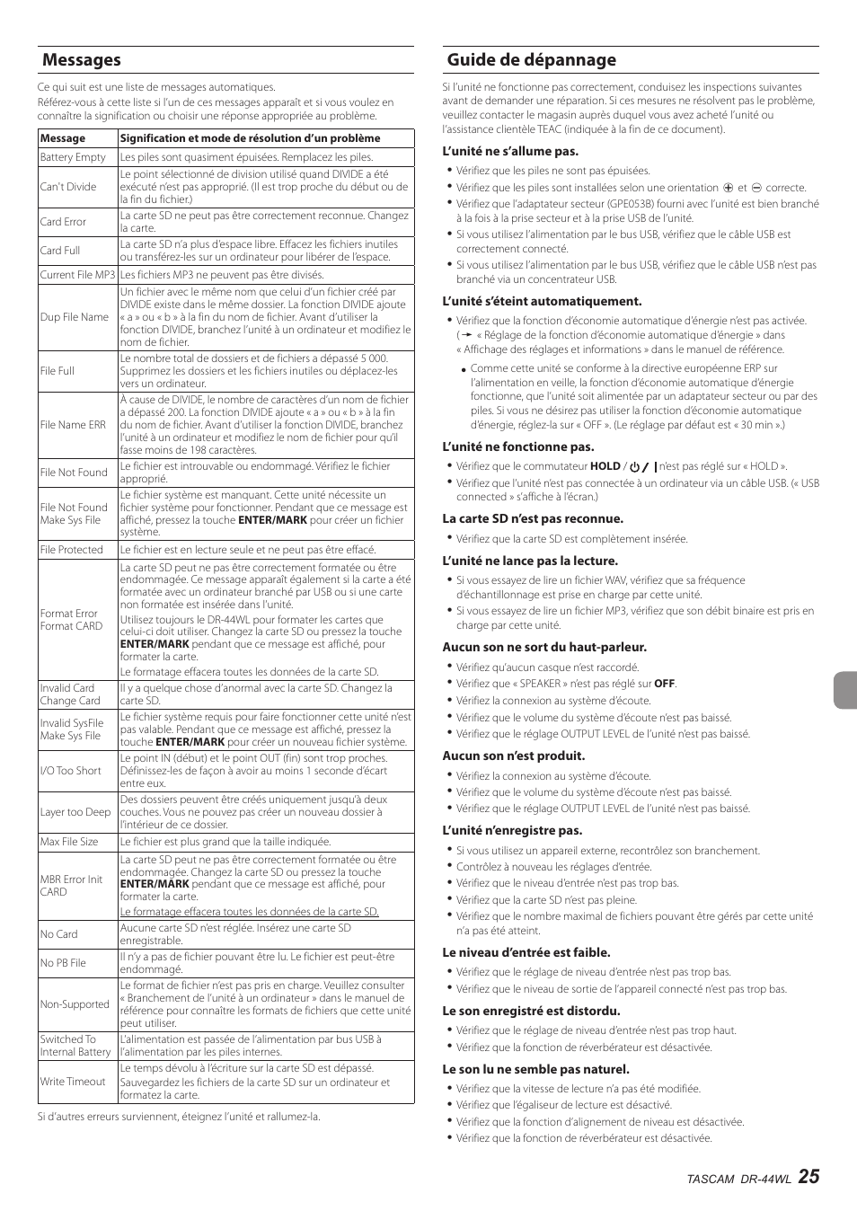 Messages, Guide de dépannage | Teac DR-44WL User Manual | Page 25 / 76