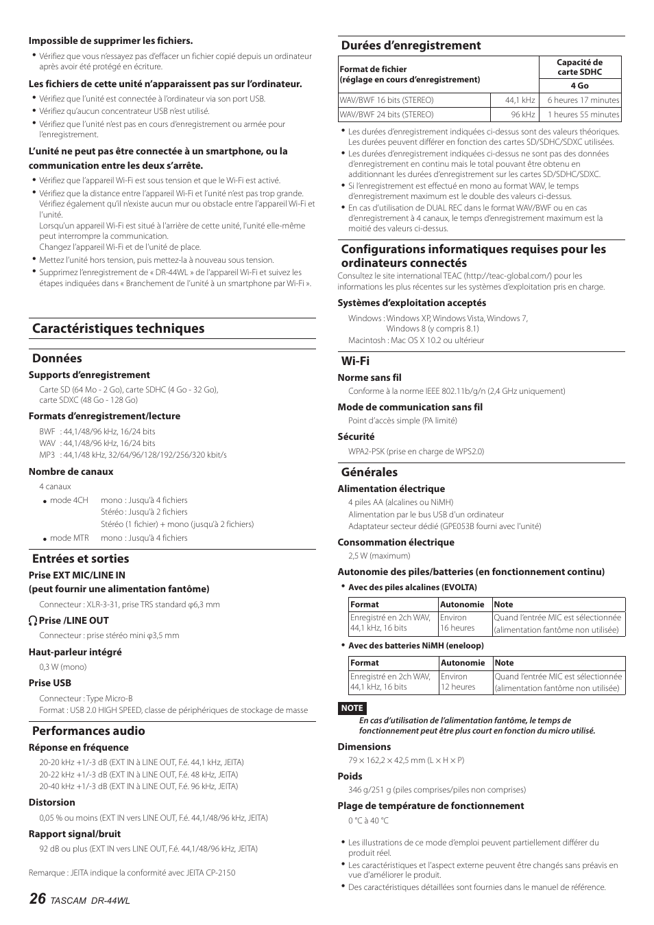 Caractéristiques techniques, Données, Entrées et sorties | Performances audio, Durées d’enregistrement, Wi-fi, Générales, Configurations informatiques requises pour les, Ordinateurs connectés | Teac DR-44WL User Manual | Page 26 / 76