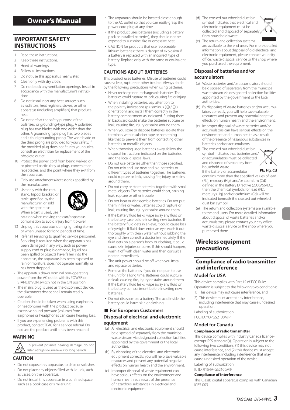 English, Important safety instructions, Wireless equipment precautions | Compliance of radio transmitter and interference, Owner’s manual, Warning, Caution, Cautions about batteries, Disposal of batteries and/or accumulators, Model for usa | Teac DR-44WL User Manual | Page 3 / 76