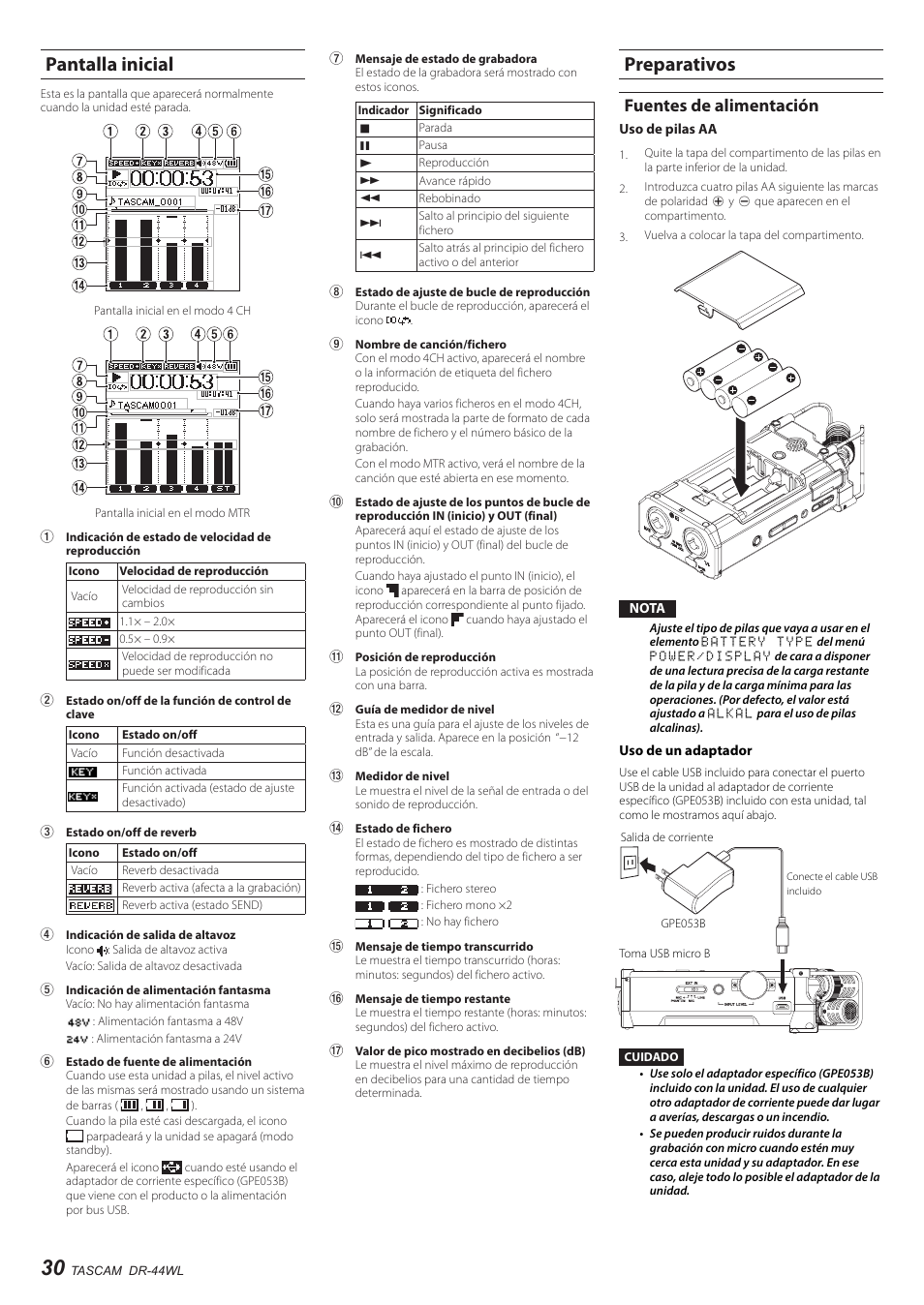 Pantalla inicial, Preparativos, Fuentes de alimentación | Pantalla inicial preparativos | Teac DR-44WL User Manual | Page 30 / 76