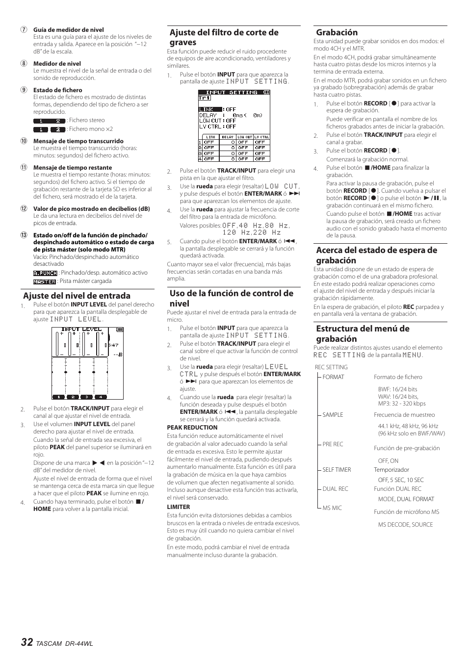 Ajuste del nivel de entrada, Ajuste del filtro de corte de graves, Uso de la función de control de nivel | Grabación, Acerca del estado de espera de grabación, Estructura del menú de grabación | Teac DR-44WL User Manual | Page 32 / 76