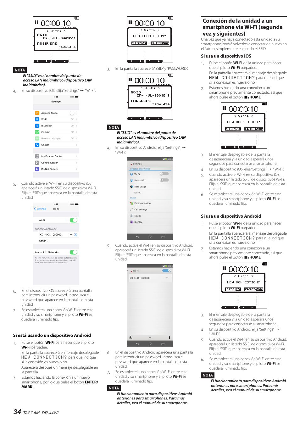 Conexión de la unidad a un smartphone vía, Wi-fi (segunda vez y siguientes) | Teac DR-44WL User Manual | Page 34 / 76