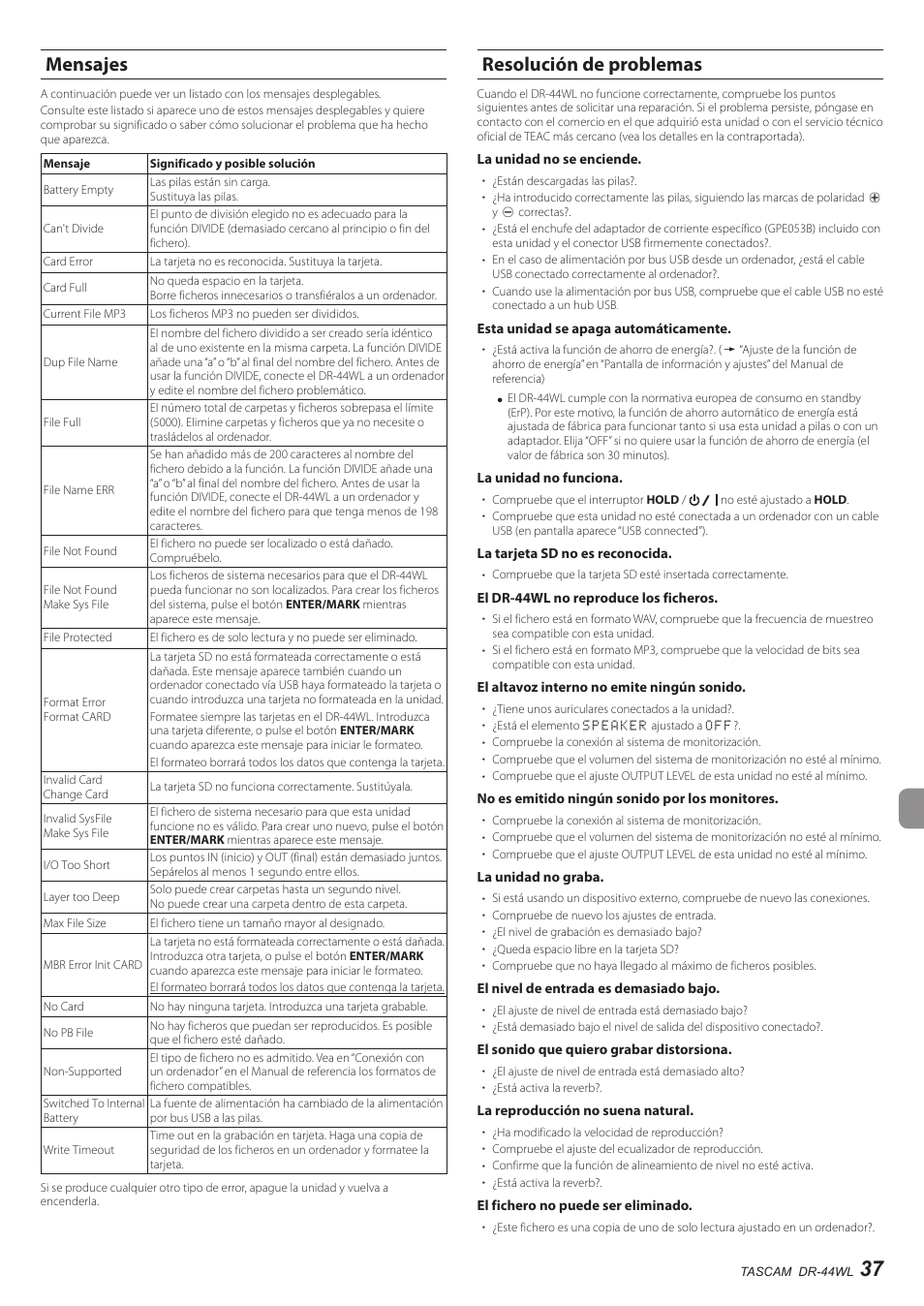 Mensajes, Resolución de problemas, Mensajes resolución de problemas | Teac DR-44WL User Manual | Page 37 / 76