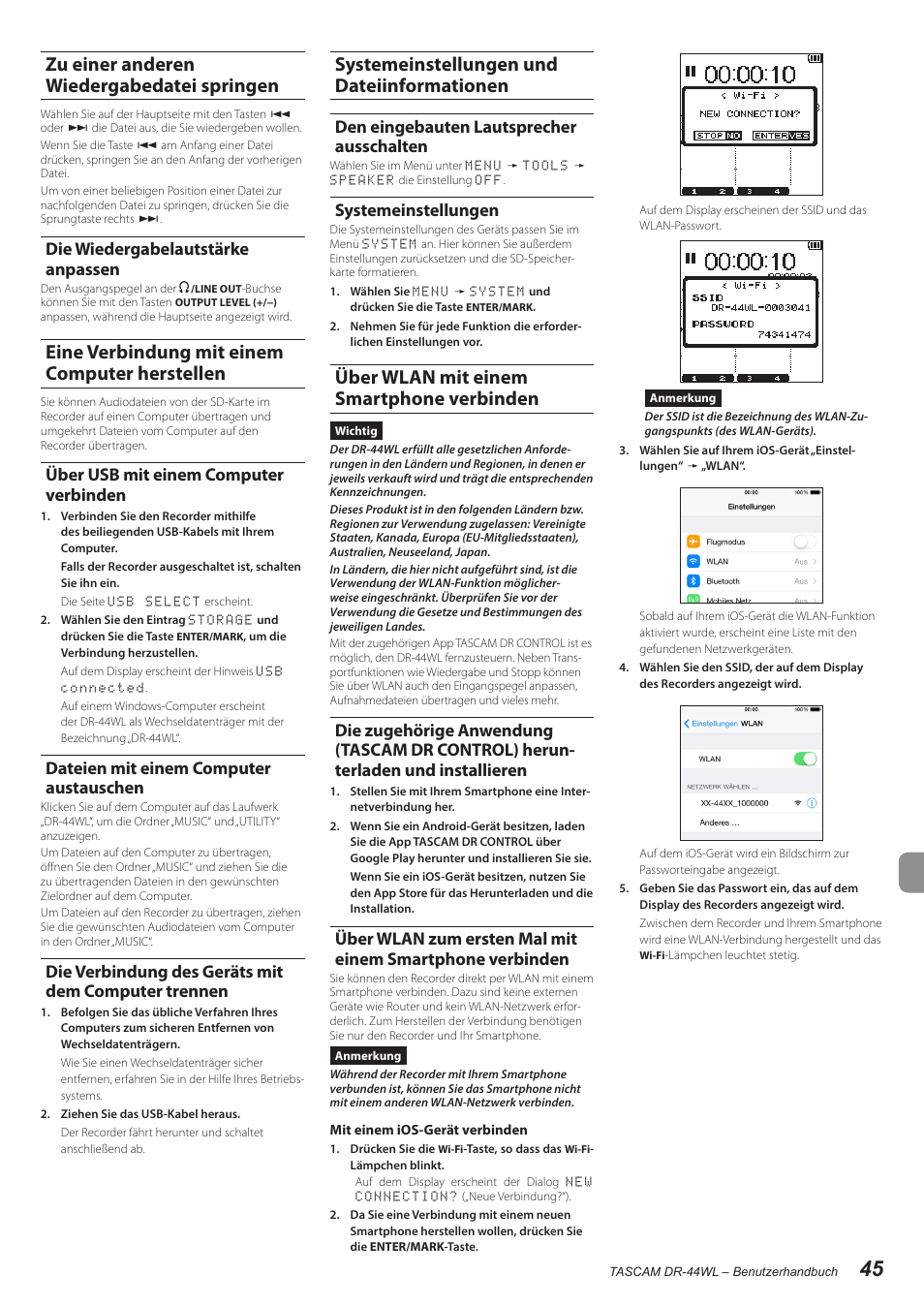 Zu einer anderen wiedergabedatei springen, Die wiedergabelautstärke anpassen, Eine verbindung mit einem computer herstellen | Über usb mit einem computer verbinden, Dateien mit einem computer austauschen, Die verbindung des geräts mit dem computer trennen, Systemeinstellungen und dateiinformationen, Den eingebauten lautsprecher ausschalten, Systemeinstellungen, Über wlan mit einem smartphone verbinden | Teac DR-44WL User Manual | Page 45 / 76