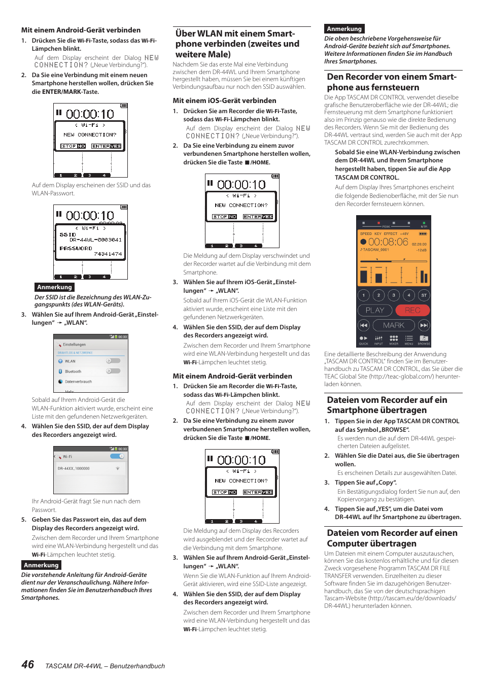 Den recorder von einem smartphone aus fernsteuern, Dateien vom recorder auf ein smartphone übertragen, Dateien vom recorder auf einen computer übertragen | Über wlan mit einem smartphone verbinden, Zweites und weitere male), Den recorder von einem smartphone aus, Fernsteuern, Dateien vom recorder auf ein smartphone, Übertragen, Dateien vom recorder auf einen computer | Teac DR-44WL User Manual | Page 46 / 76