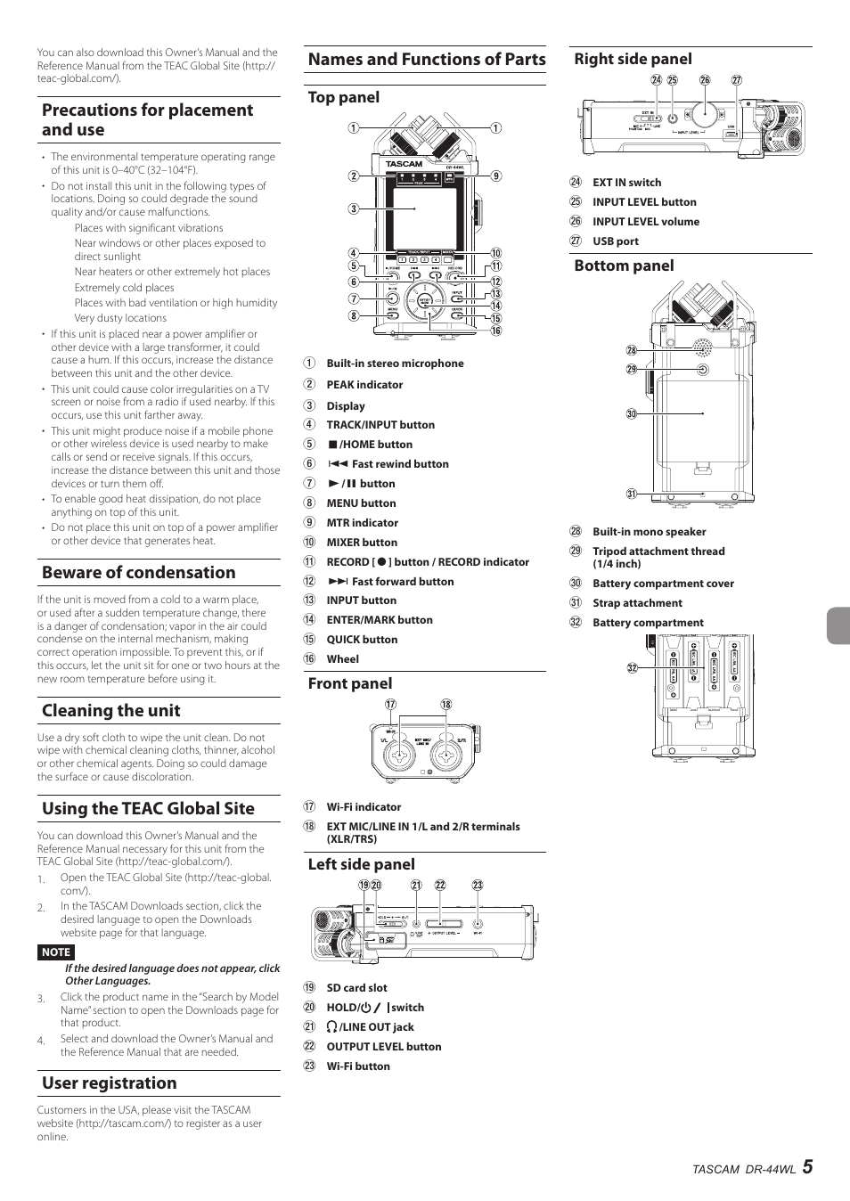 Precautions for placement and use, Beware of condensation, Cleaning the unit | Using the teac global site, User registration, Names and functions of parts, Top panel, Front panel, Left side panel, Right side panel | Teac DR-44WL User Manual | Page 5 / 76