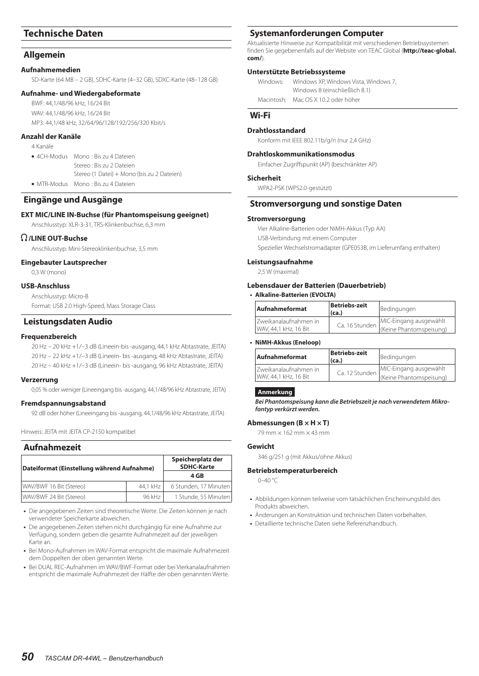 Technische daten, Allgemein, Eingänge und ausgänge | Leistungsdaten audio, Aufnahmezeit, Systemanforderungen computer, Wi-fi, Stromversorgung und sonstige daten | Teac DR-44WL User Manual | Page 50 / 76