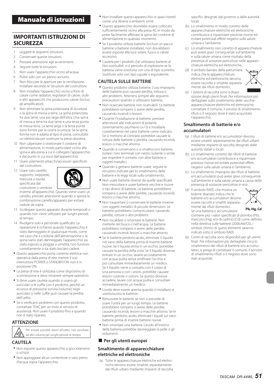 Italiano, Manuale di istruzioni, Importanti istruzioni di sicurezza | Teac DR-44WL User Manual | Page 51 / 76