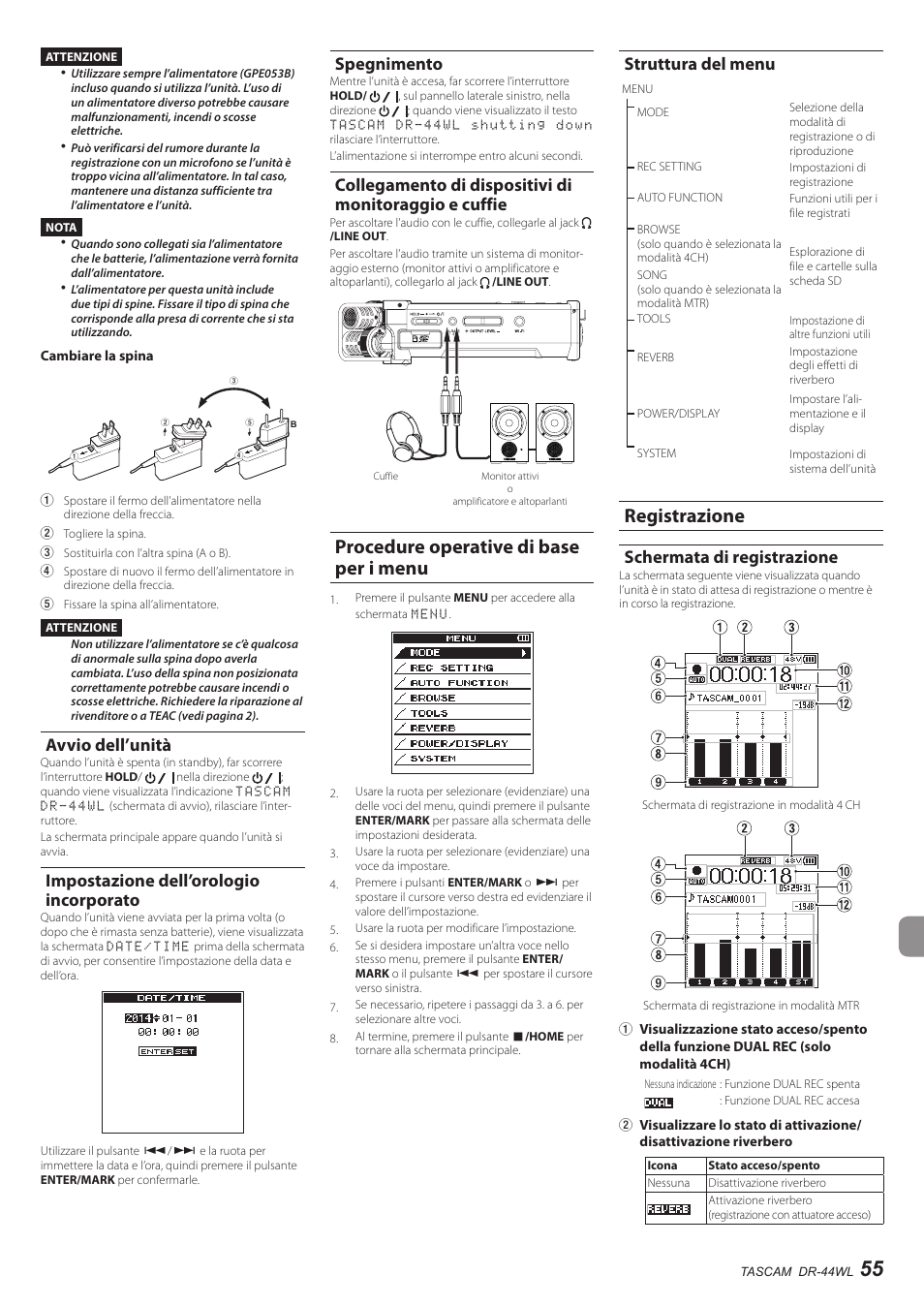 Avvio dell’unità, Impostazione dell’orologio incorporato, Spegnimento | Procedure operative di base per i menu, Struttura del menu, Registrazione, Schermata di registrazione, Collegamento di dispositivi di monitoraggio e, Cuffie | Teac DR-44WL User Manual | Page 55 / 76