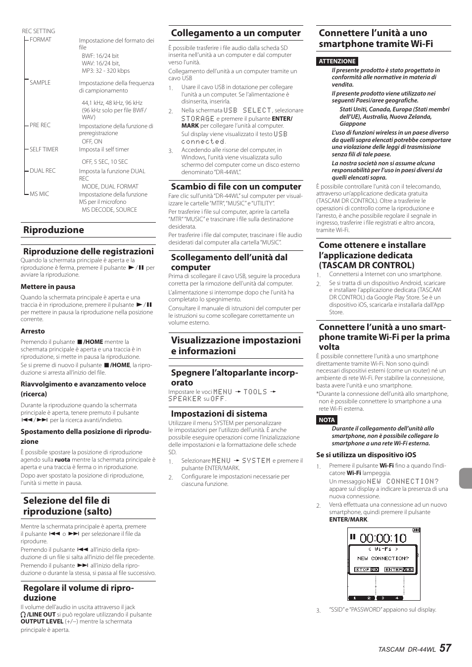 Struttura del menu di registrazione, Riproduzione, Riproduzione delle registrazioni | Selezione del file di riproduzione (salto), Regolare il volume di riproduzione, Collegamento a un computer, Scambio di file con un computer, Scollegamento dell’unità dal computer, Visualizzazione impostazioni e informazioni, Spegnere l’altoparlante incorporato | Teac DR-44WL User Manual | Page 57 / 76