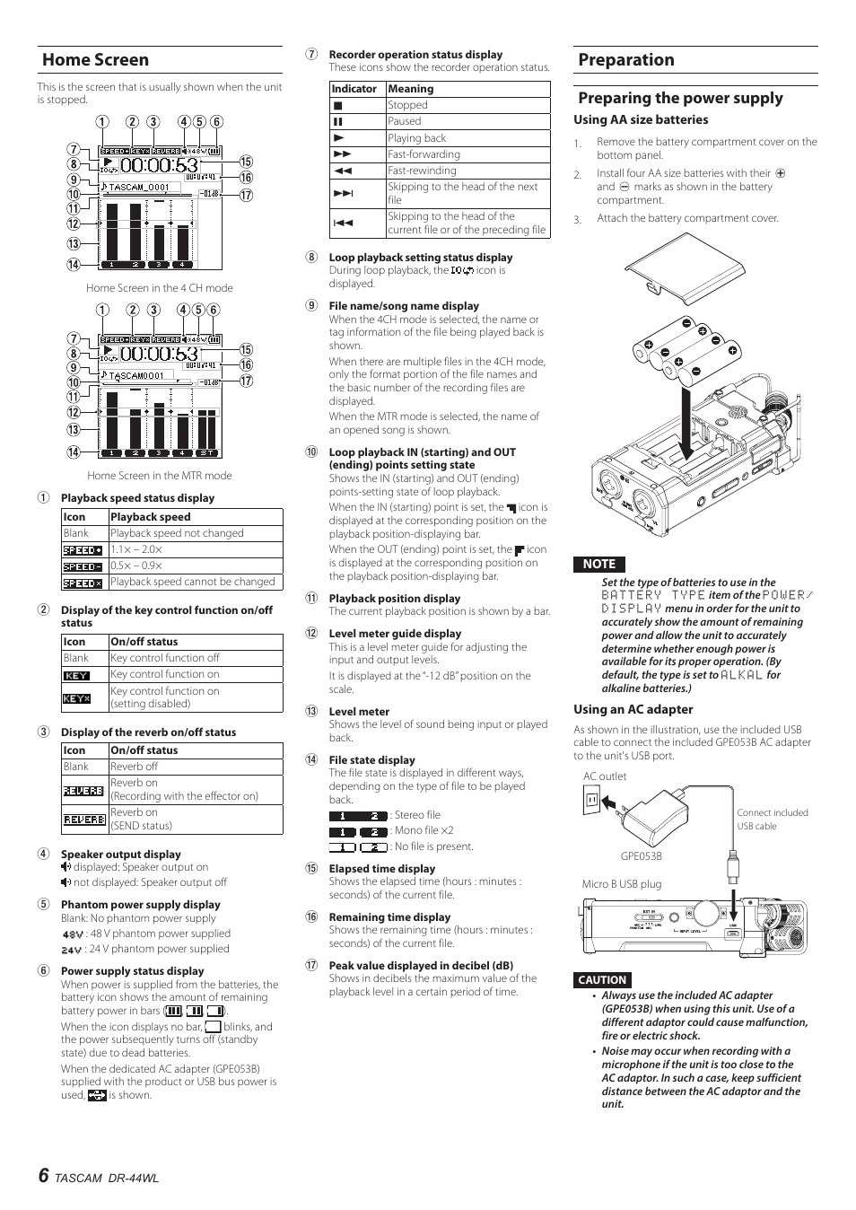 Home screen, Preparation, Preparing the power supply | Home screen preparation | Teac DR-44WL User Manual | Page 6 / 76