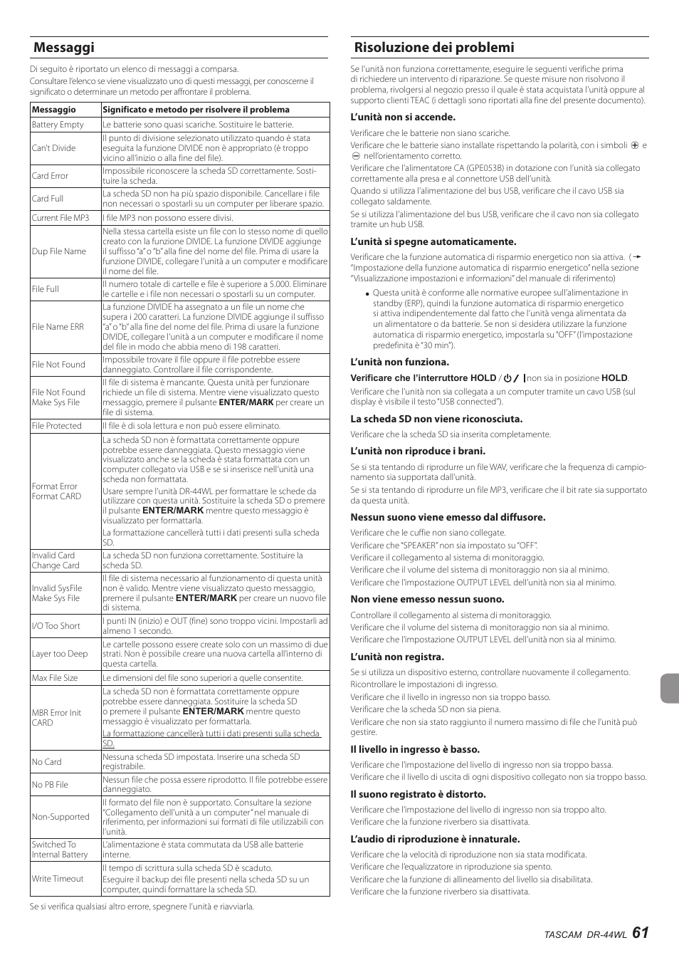 Messaggi, Risoluzione dei problemi, Messaggi risoluzione dei problemi | Teac DR-44WL User Manual | Page 61 / 76