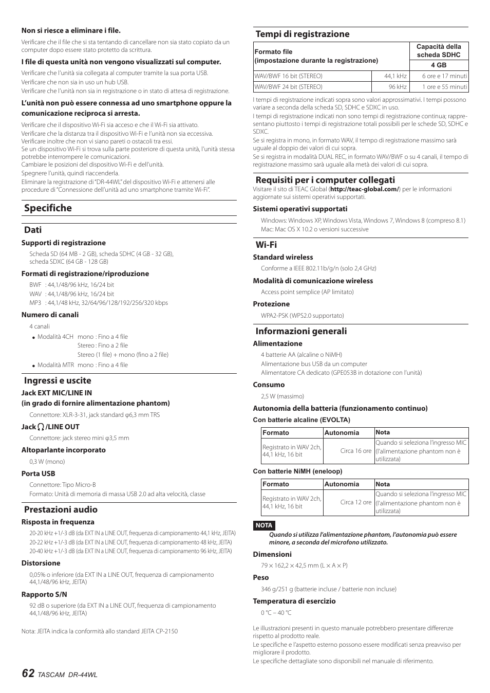 Specifiche, Dati, Ingressi e uscite | Prestazioni audio, Tempi di registrazione, Requisiti per i computer collegati, Wi-fi, Informazioni generali | Teac DR-44WL User Manual | Page 62 / 76