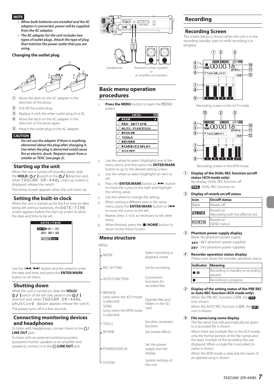 Starting up the unit, Setting the built-in clock, Shutting down | Connecting monitoring devices and headphones, Basic menu operation procedures, Menu structure, Recording, Recording screen, Connecting monitoring devices and, Headphones | Teac DR-44WL User Manual | Page 7 / 76