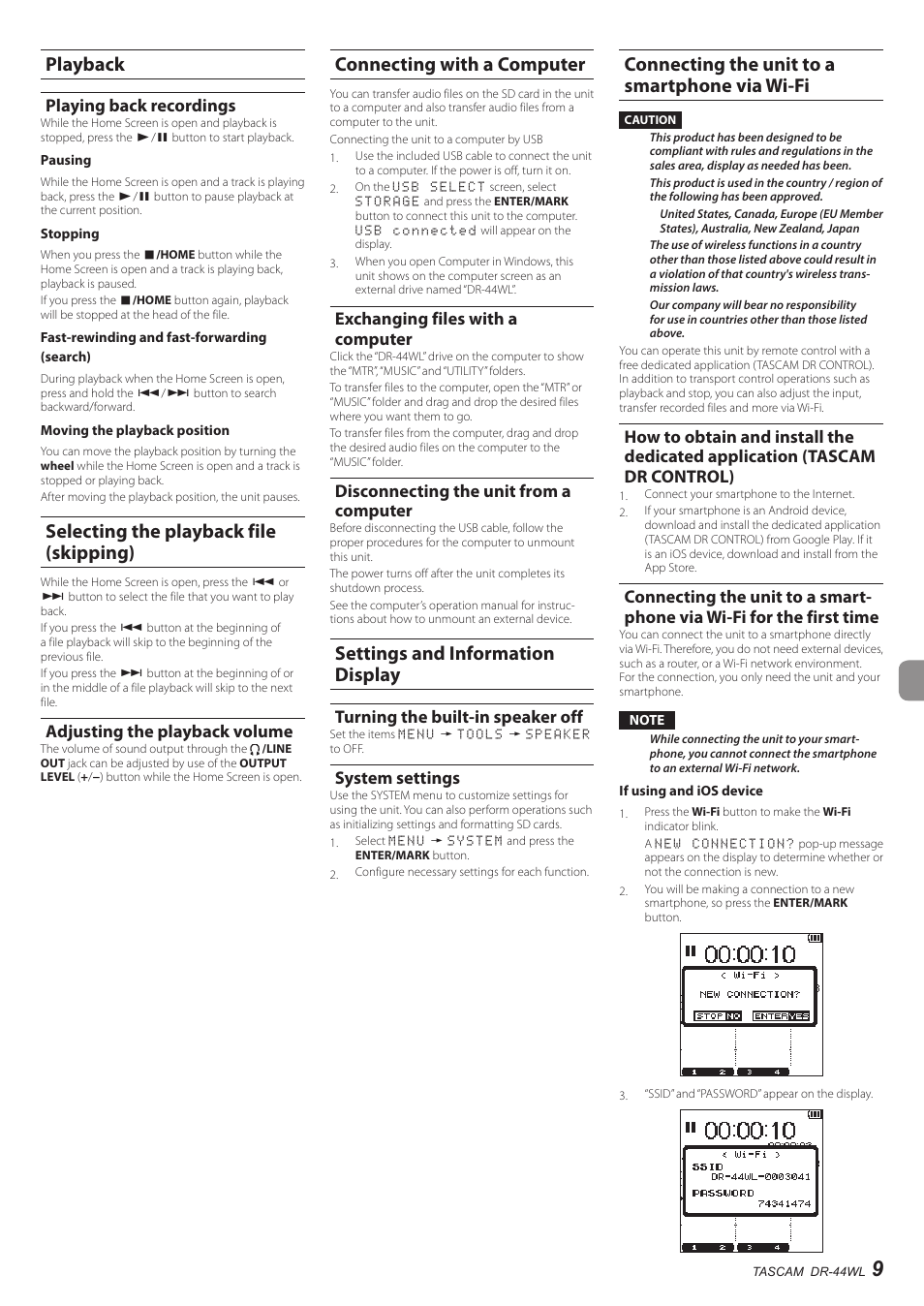 Playback, Playing back recordings, Selecting the playback file (skipping) | Adjusting the playback volume, Connecting with a computer, Exchanging files with a computer, Disconnecting the unit from a computer, Settings and information display, Turning the built-in speaker off, System settings | Teac DR-44WL User Manual | Page 9 / 76