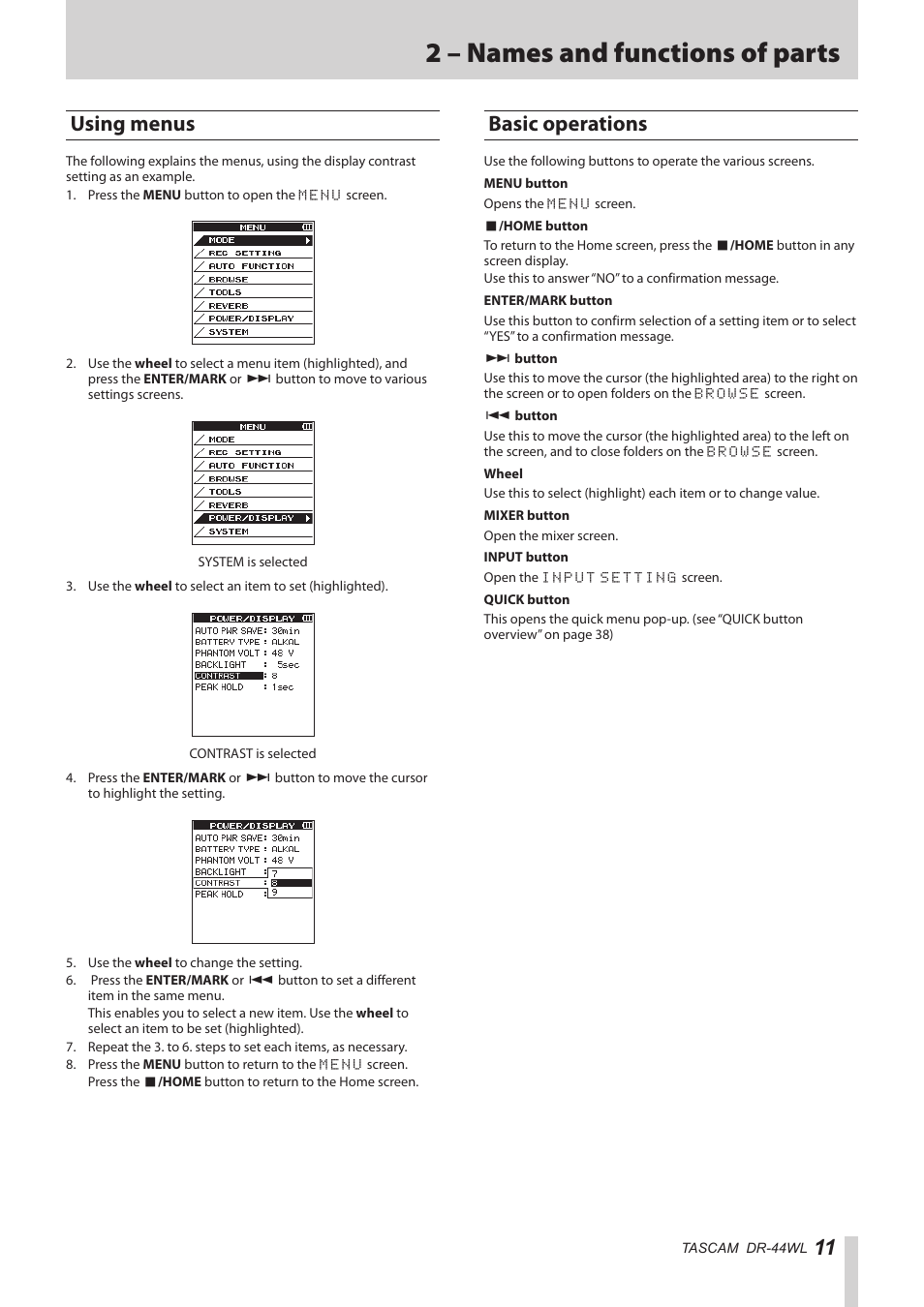 Using menus, Basic operations, Using menus basic operations | 2 – names and functions of parts | Teac DR-44WL Reference Manual User Manual | Page 11 / 58