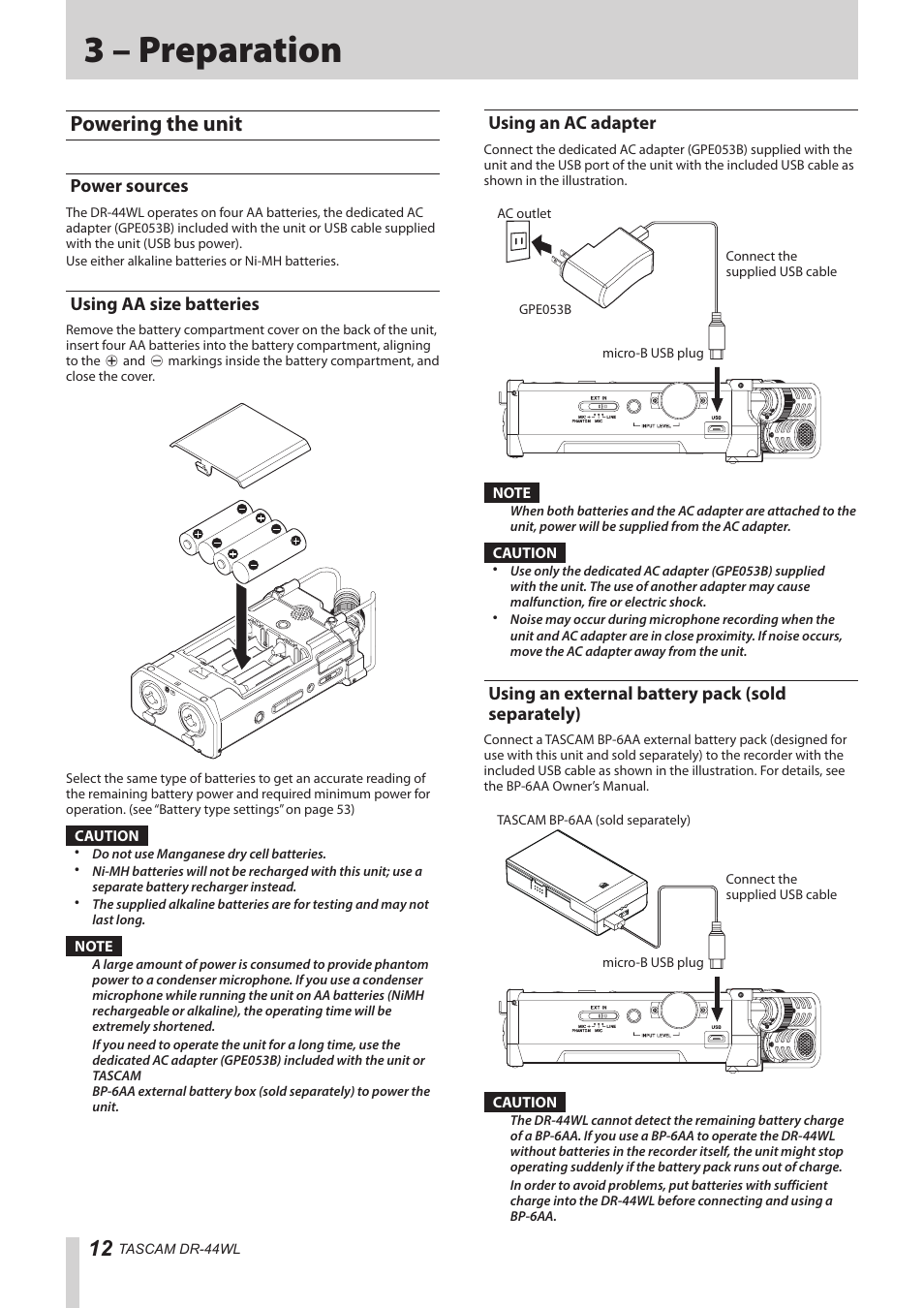 3 – preparation, Powering the unit, Power sources | Using aa size batteries, Using an ac adapter, Using an external battery pack (sold separately) | Teac DR-44WL Reference Manual User Manual | Page 12 / 58