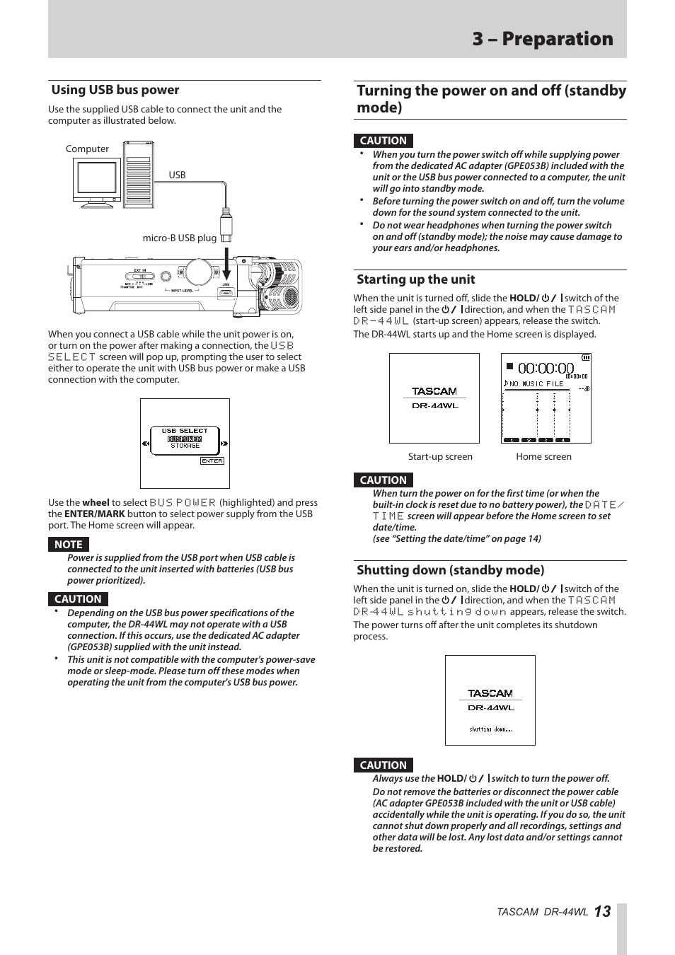 Using usb bus power, Turning the power on and off (standby mode), Starting up the unit | Shutting down (standby mode), Starting up the unit shutting down (standby mode), 3 – preparation | Teac DR-44WL Reference Manual User Manual | Page 13 / 58