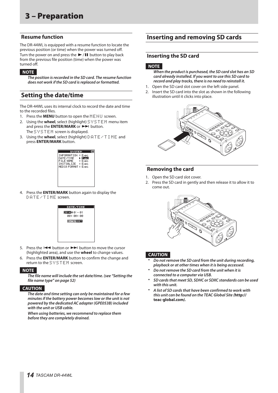 Resume function, Setting the date/time, Inserting and removing sd cards | Inserting the sd card, Removing the card, Inserting the sd card removing the card, 3 – preparation | Teac DR-44WL Reference Manual User Manual | Page 14 / 58