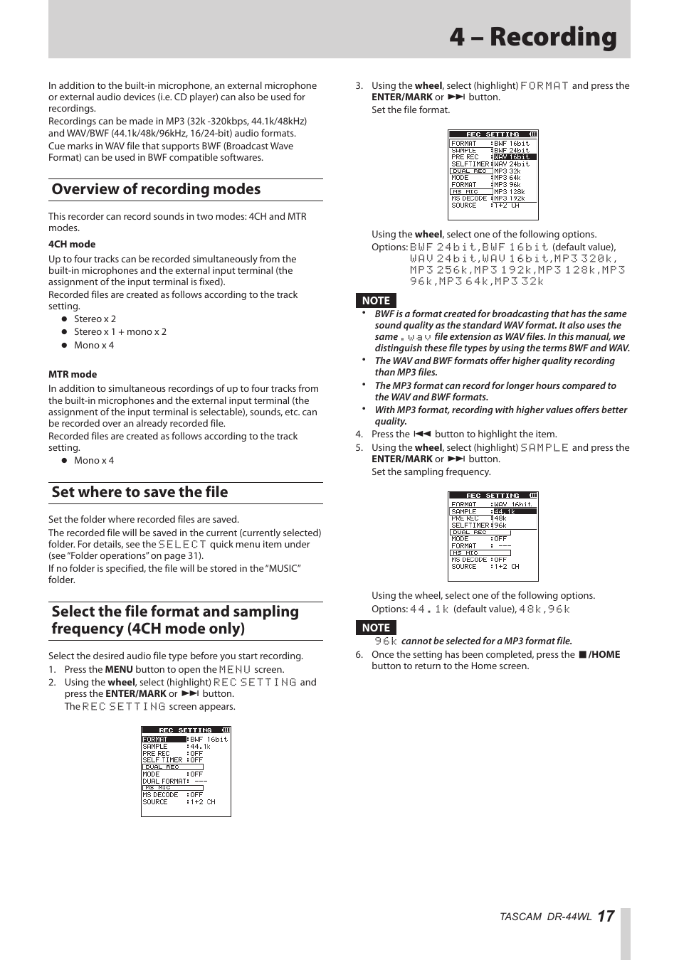 4 – recording, Overview of recording modes, Set where to save the file | 4ch mode only) | Teac DR-44WL Reference Manual User Manual | Page 17 / 58