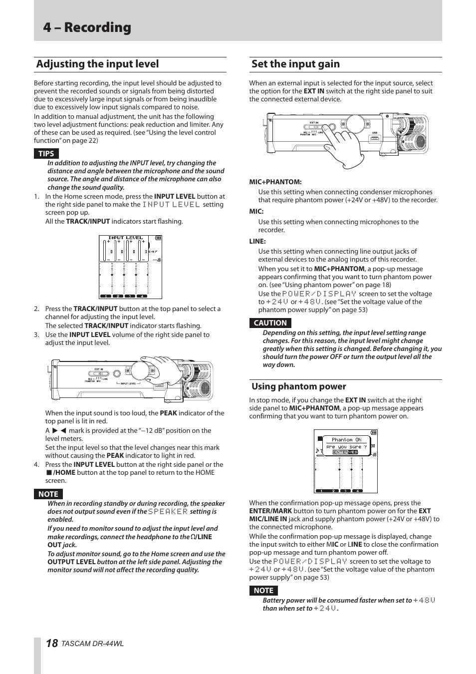 Adjusting the input level, Set the input gain, Using phantom power | Adjusting the input level set the input gain, 4 – recording | Teac DR-44WL Reference Manual User Manual | Page 18 / 58