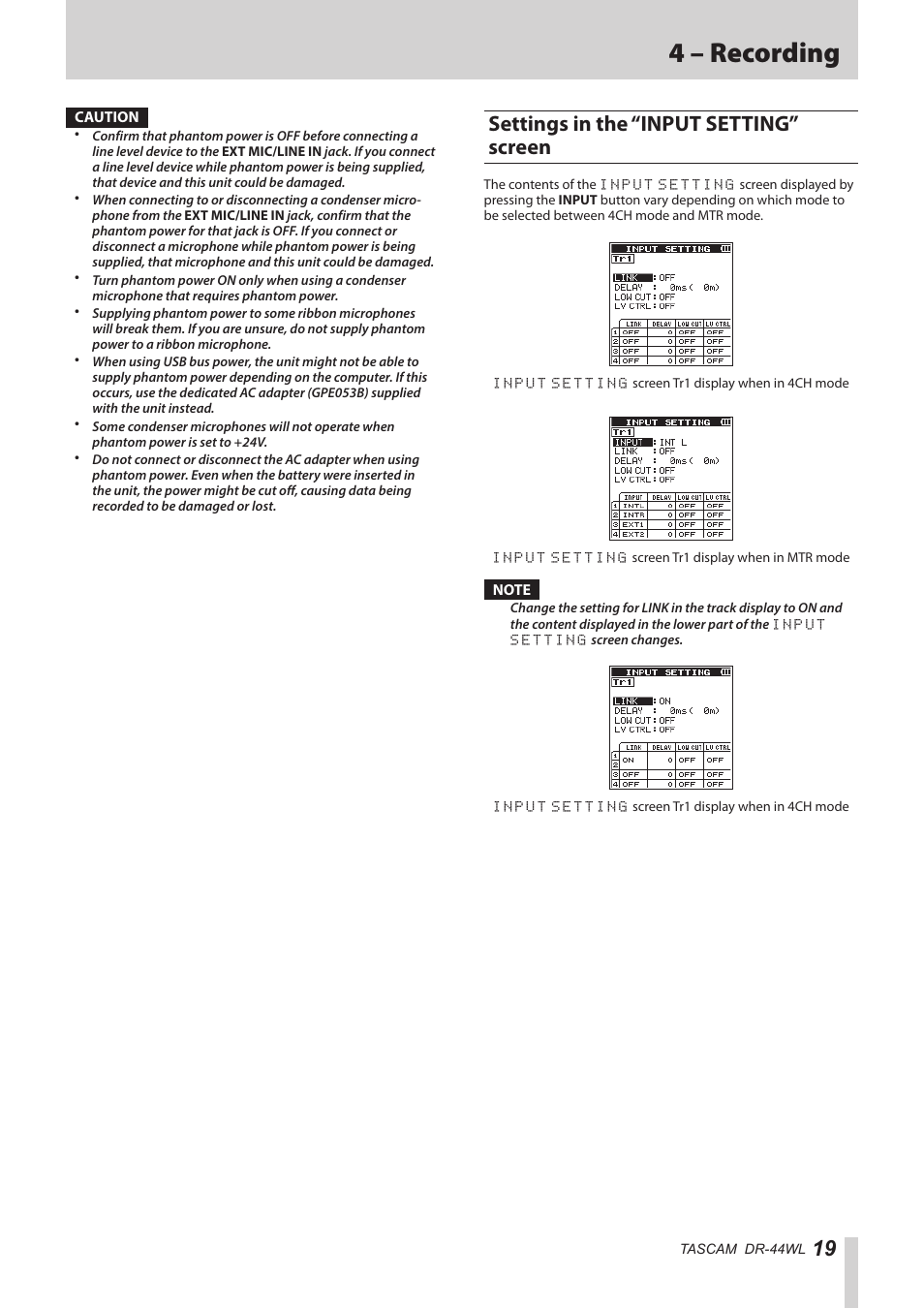 Settings in the “input setting” screen, 4 – recording | Teac DR-44WL Reference Manual User Manual | Page 19 / 58